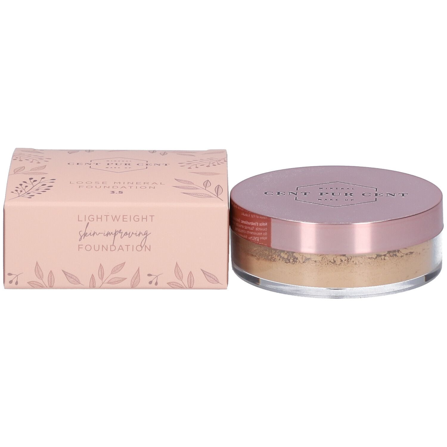 Produktverpackung mit losem Mineralpuder und Dose. Rosa Karton mit Produktinformationen und Dose.