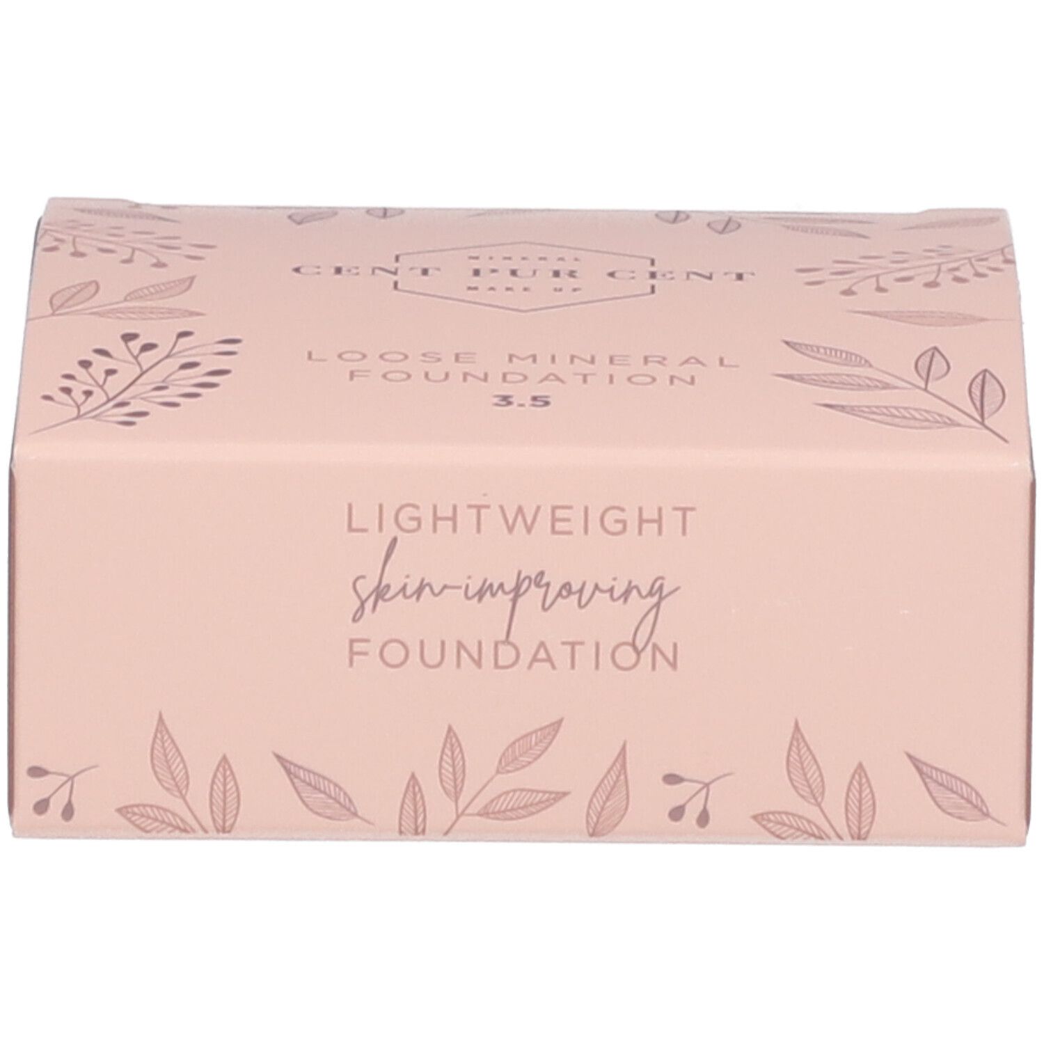 Produktverpackung mit losem Mineralpuder. Rosa Karton mit Produktinformationen.