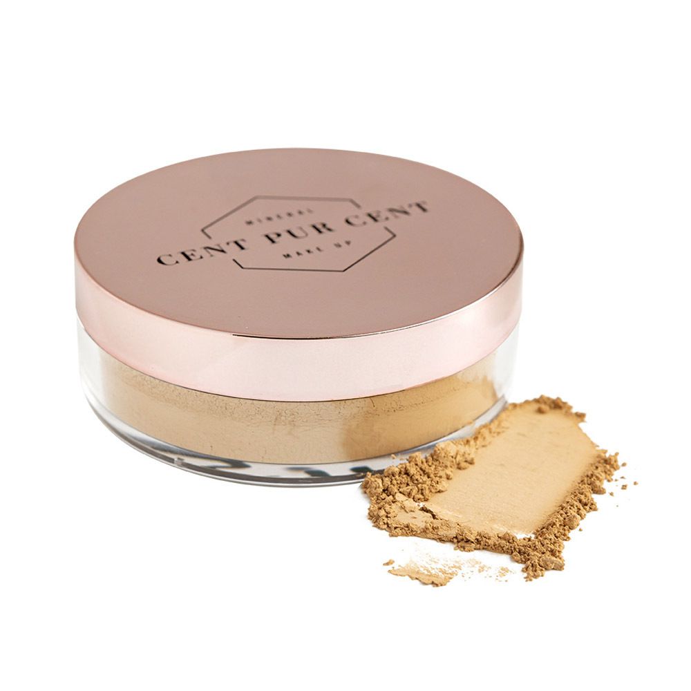 Ronde pot met roze deksel en poeder. Opschrift: CENT PUR CENT MINERAL MAKE UP. Poedermonster ernaast.