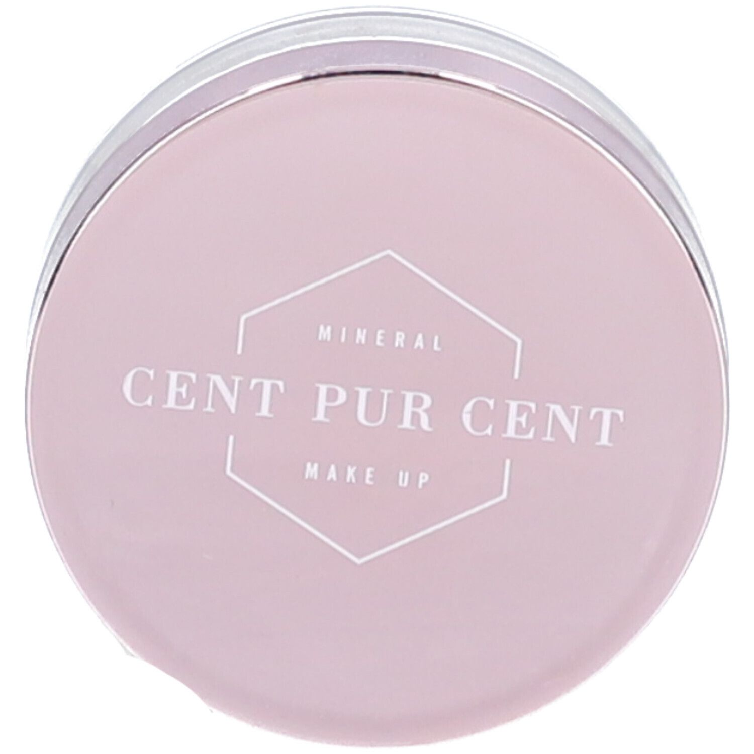 Ronde pot met roze deksel. Opschrift: CENT PUR CENT MINERAL MAKE UP.