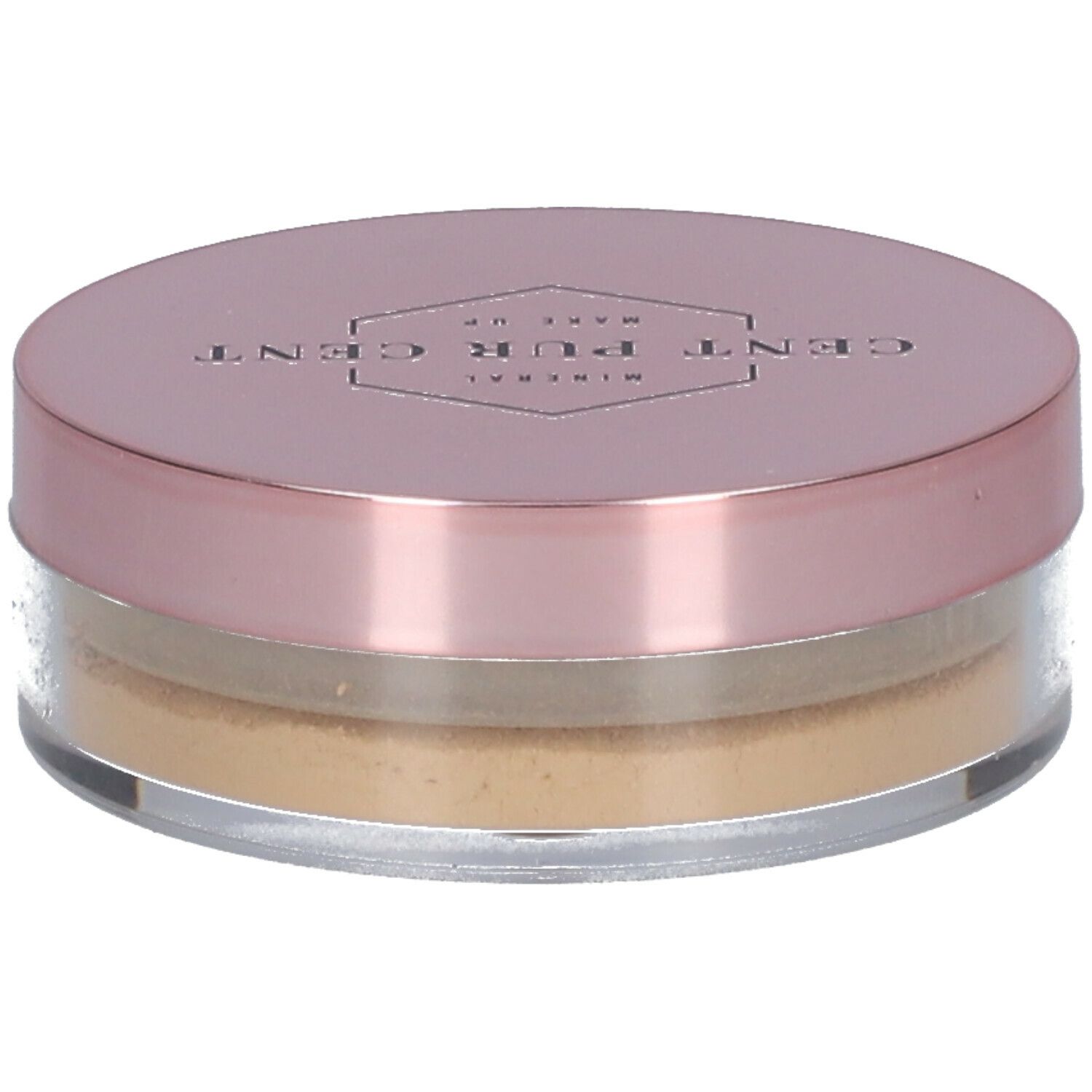 Ronde pot met roze deksel. Bevat los poeder. Opschrift: CENT PUR CENT MINERAL MAKE UP.