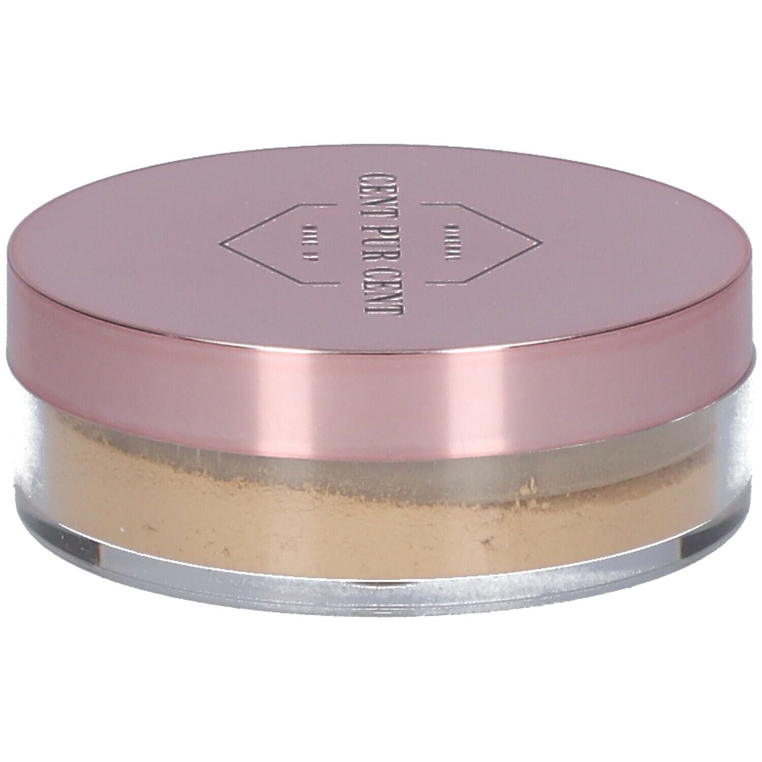 Ronde pot met roze deksel. Bevat los poeder. Opschrift: CENT PUR CENT MINERAL MAKE UP.