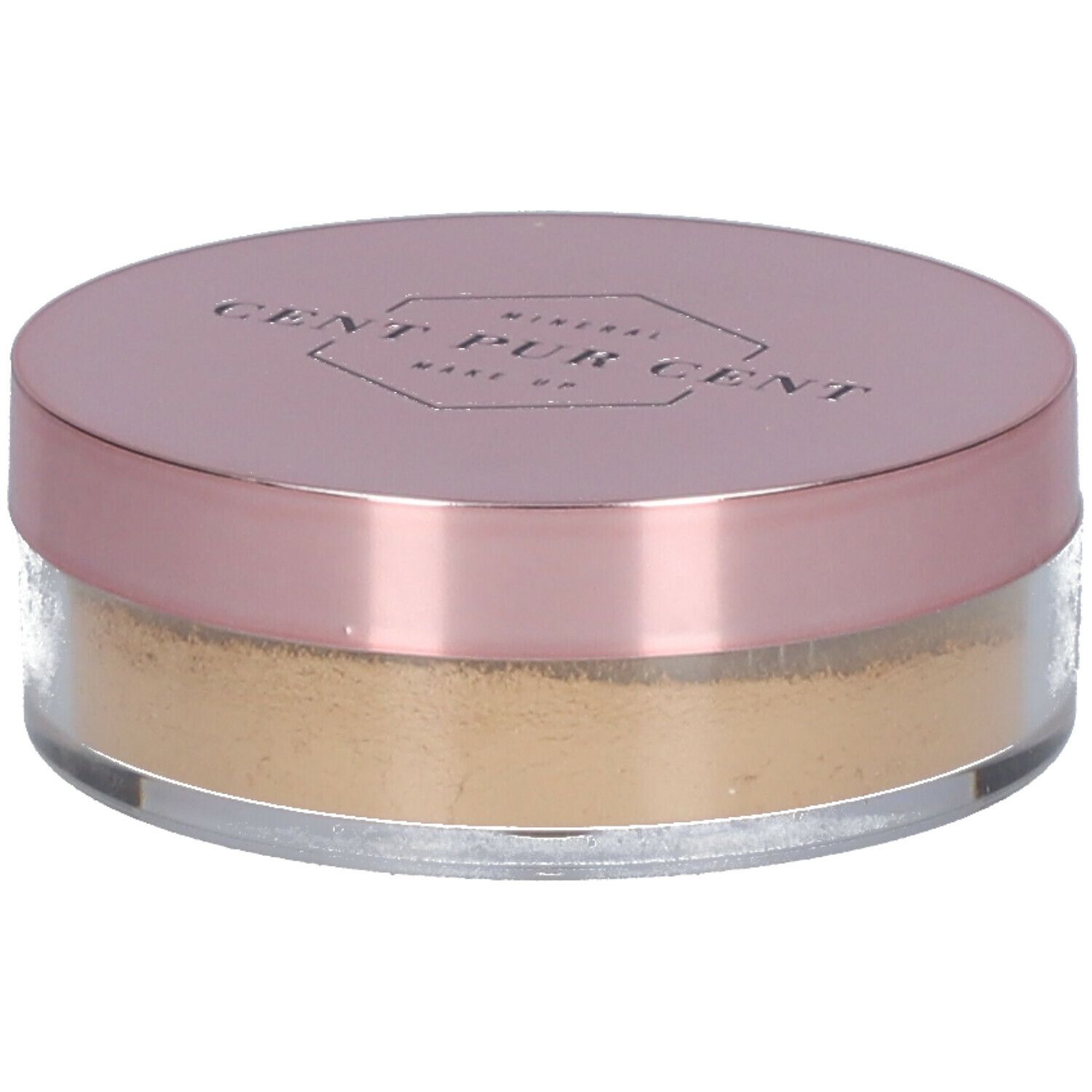 Ronde pot met roze deksel. Bevat los poeder. Opschrift: CENT PUR CENT MINERAL MAKE UP.