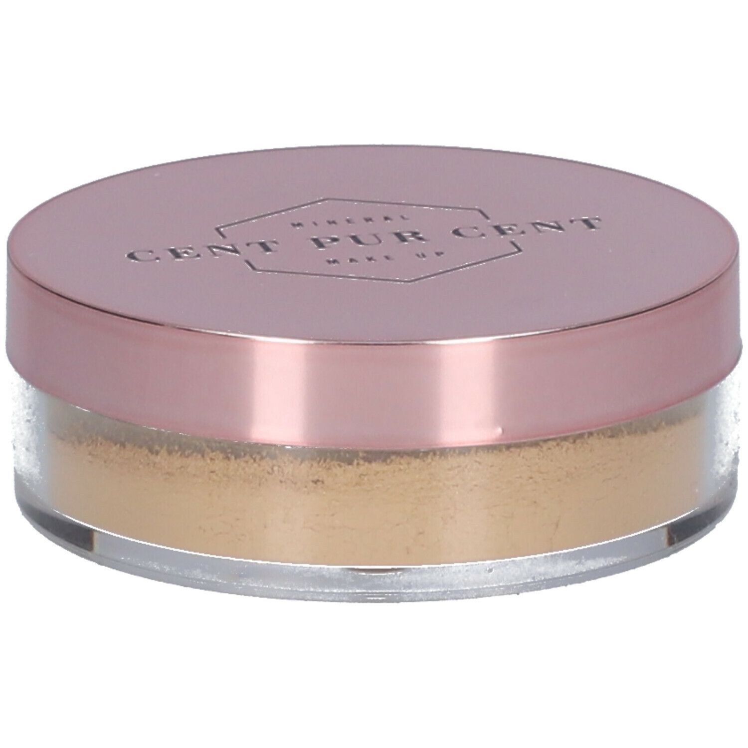 Ronde pot met roze deksel. Bevat los poeder. Opschrift: CENT PUR CENT MINERAL MAKE UP.