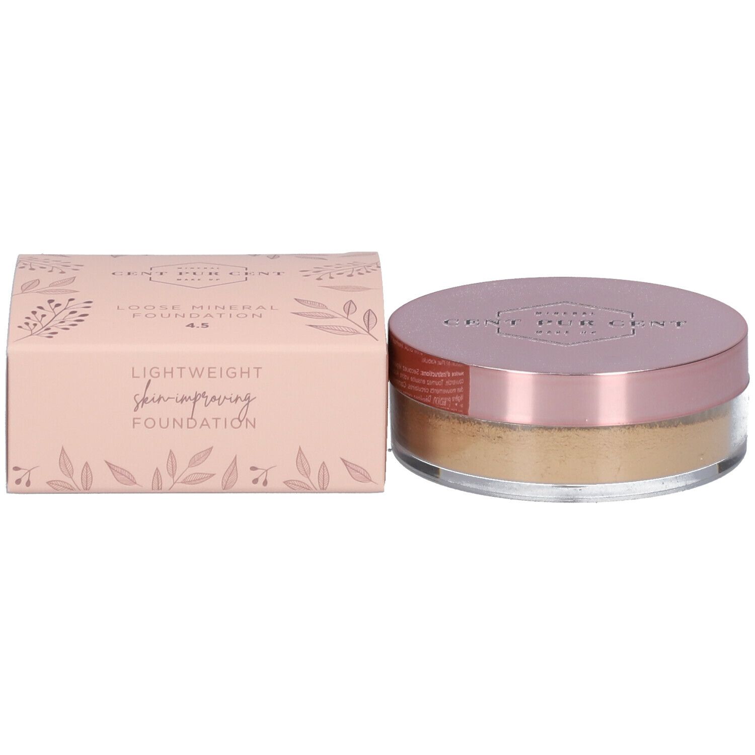 Productverpakking en pot. Opschrift: CENT PUR CENT LOOSE MINERAL FOUNDATION 4.5 LIGHTWEIGHT skin-improving FOUNDATION.