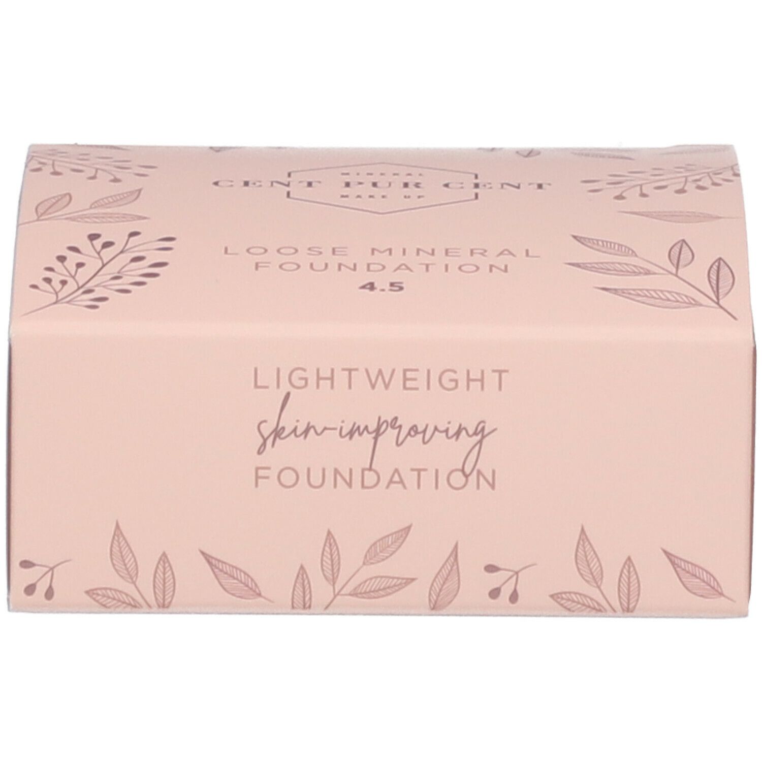 Productverpakking. Opschrift: CENT PUR CENT LOOSE MINERAL FOUNDATION 4.5 LIGHTWEIGHT skin-improving FOUNDATION.
