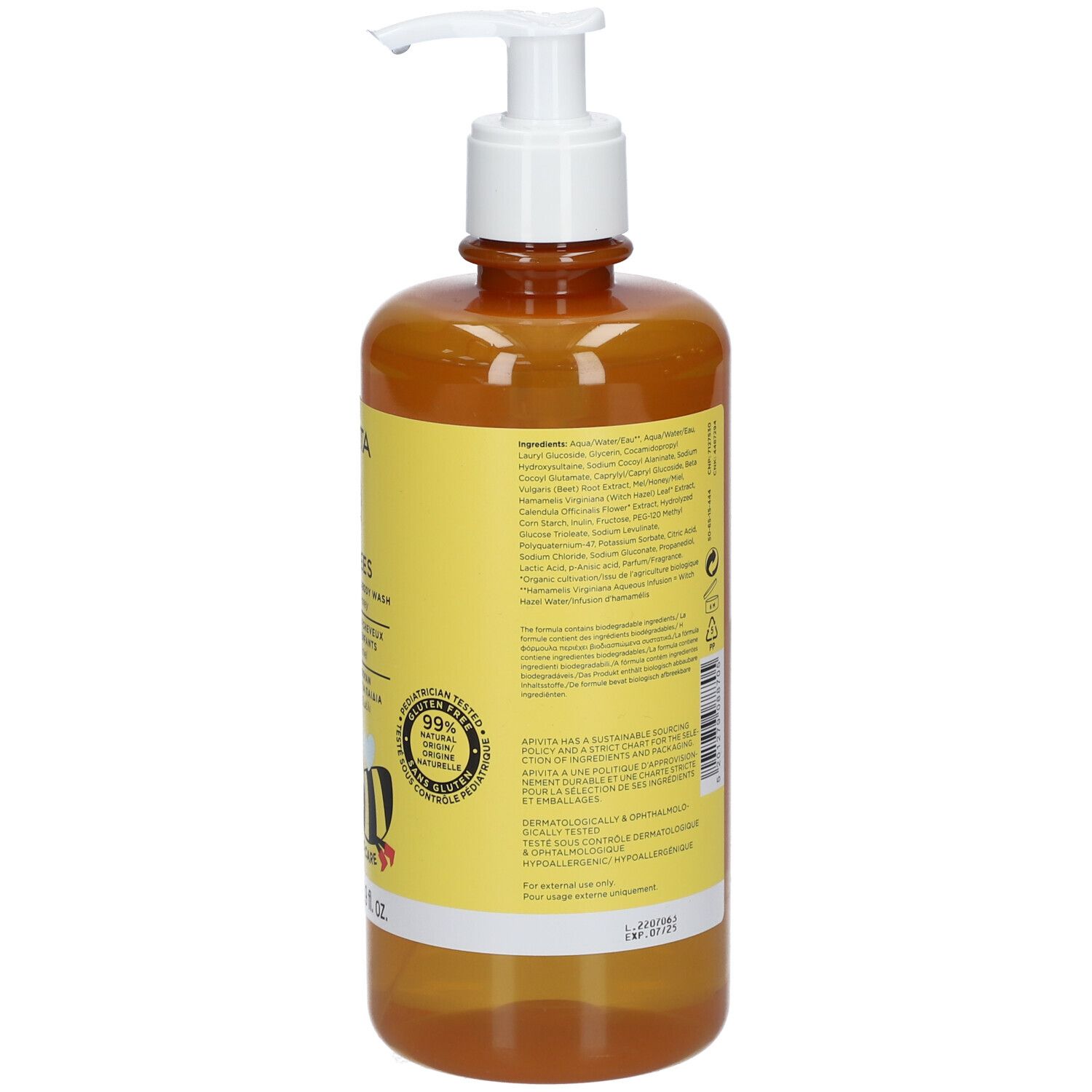 Rückseite der braunen Flasche mit weißem Pumpkopf. Gelbes Etikett mit Text. Produkt für Kinder.