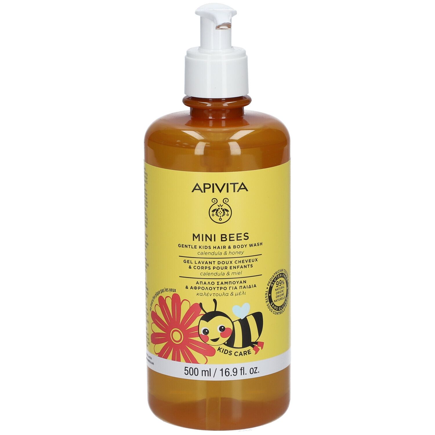 Braune Flasche mit weißem Pumpkopf. Gelbe Etiketten mit Text und Illustrationen. Produkt für Kinder.