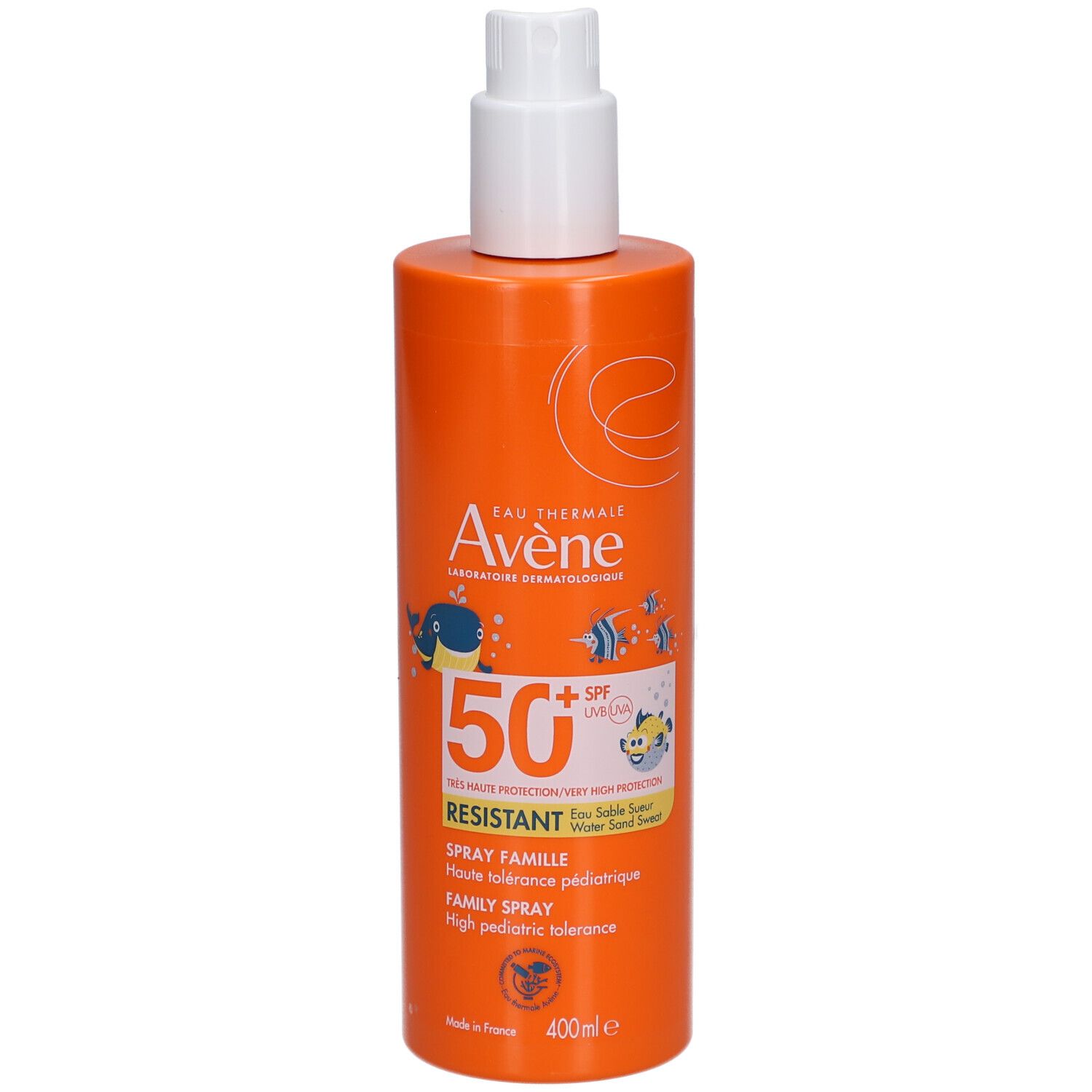 Oranje sprayfles met witte dop. Tekst: Avène, 50+ SPF, Spray Famille, 400ml.