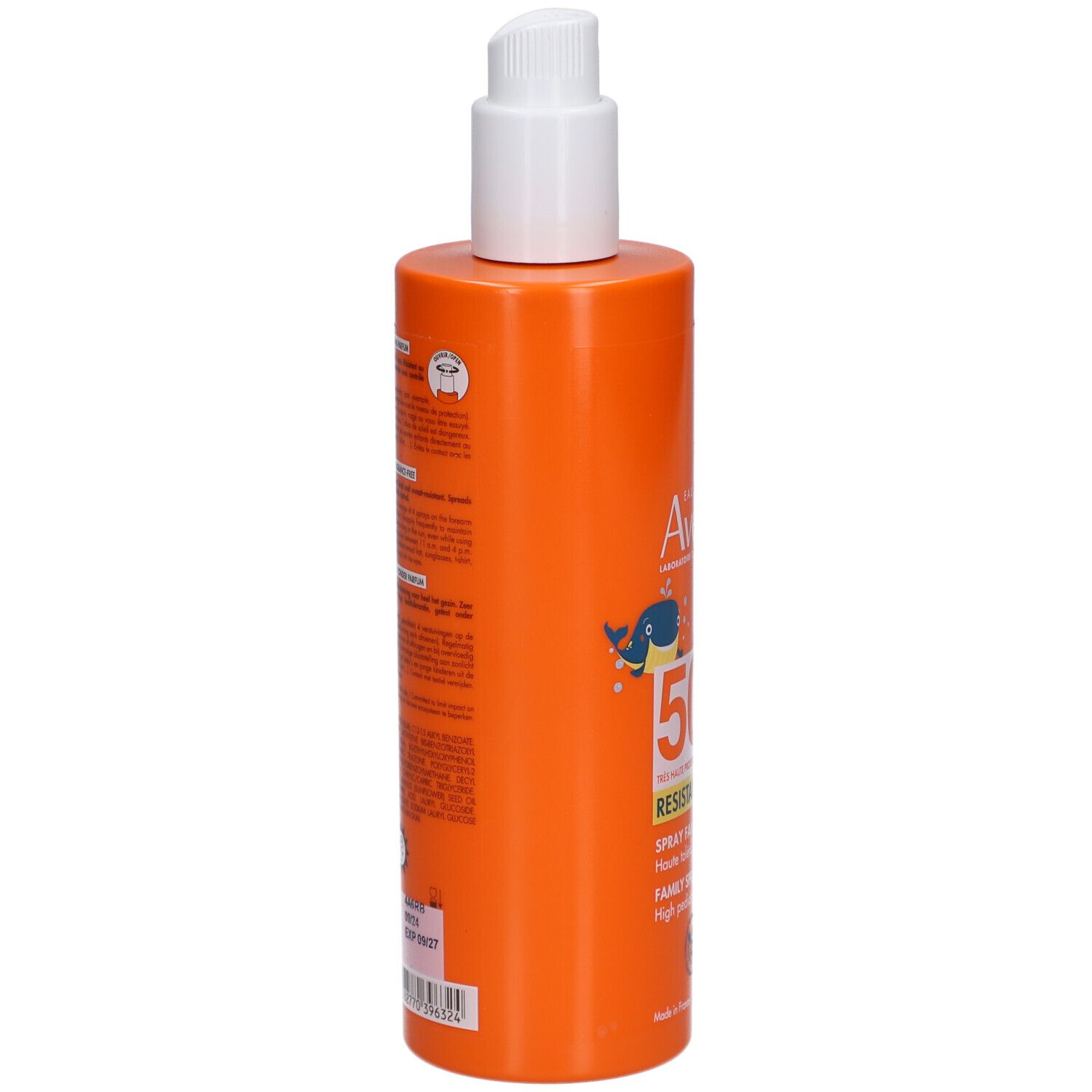 Achterkant van een oranje sprayfles. Tekst: Avène, informatie, barcode, certificeringen.