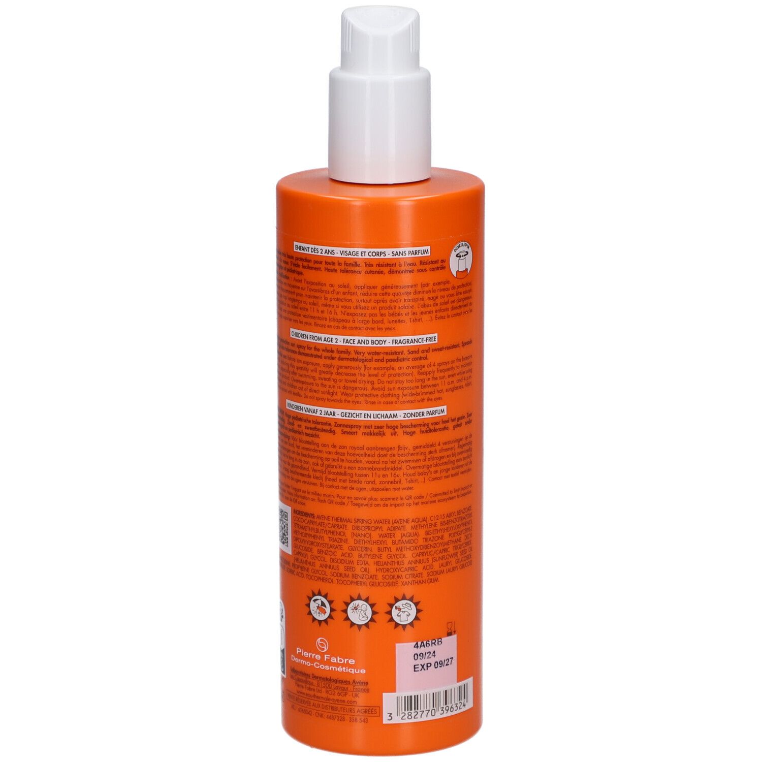 Achterkant van een oranje sprayfles. Tekst: Avène, informatie, barcode, vervaldatum.