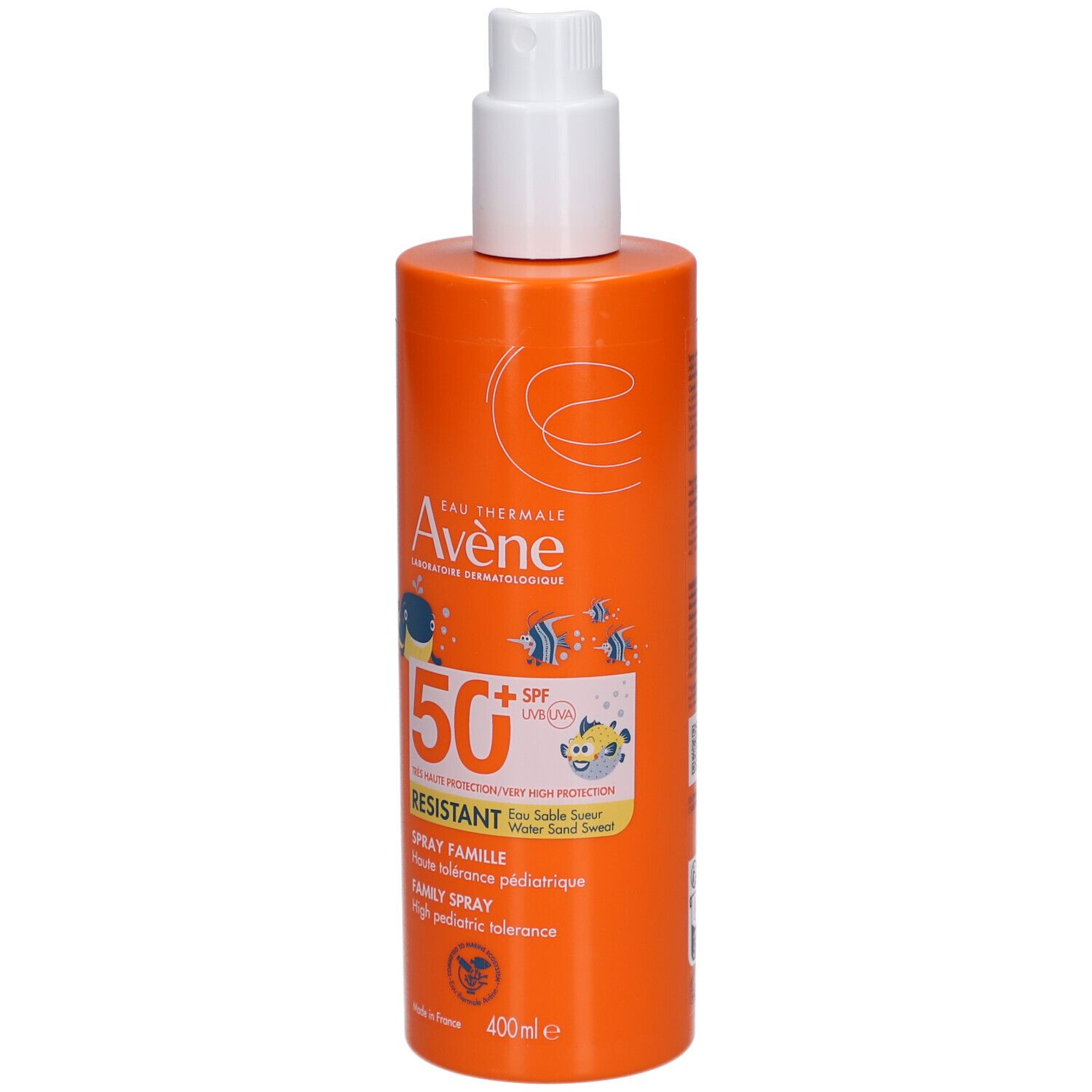 Oranje sprayfles met witte dop. Tekst: Avène, 50+ SPF, Spray Famille, 400ml.