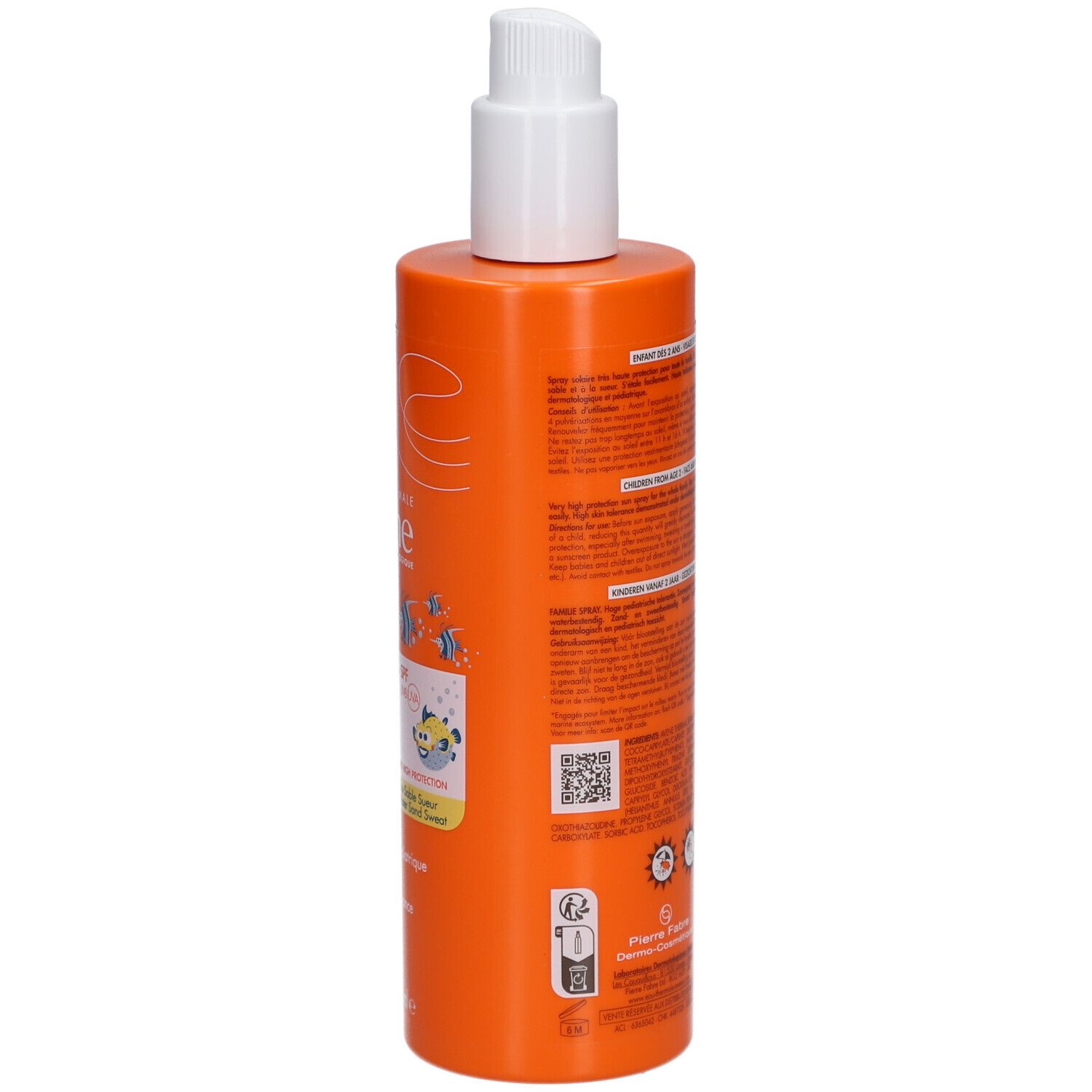 Achterkant van een oranje sprayfles. Tekst: Avène, informatie, barcode, certificeringen.