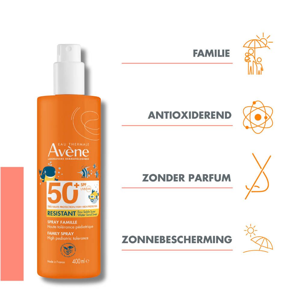 Oranje sprayfles met witte dop. Tekst: Avène, 50+ SPF, Spray Famille, 400ml.