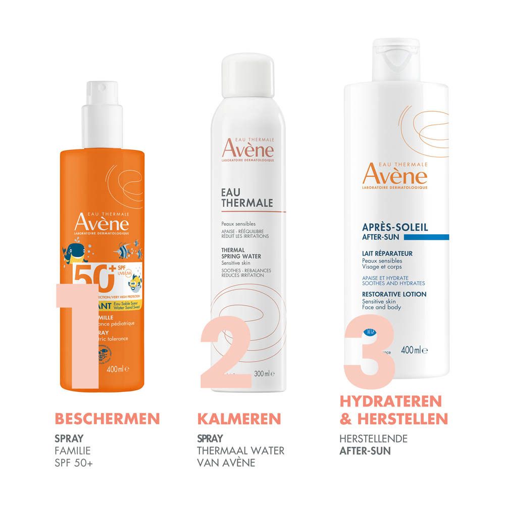 Drie producten naast elkaar. Tekst: Beschermen, Kalmeren, Hydrateren & Herstellen.