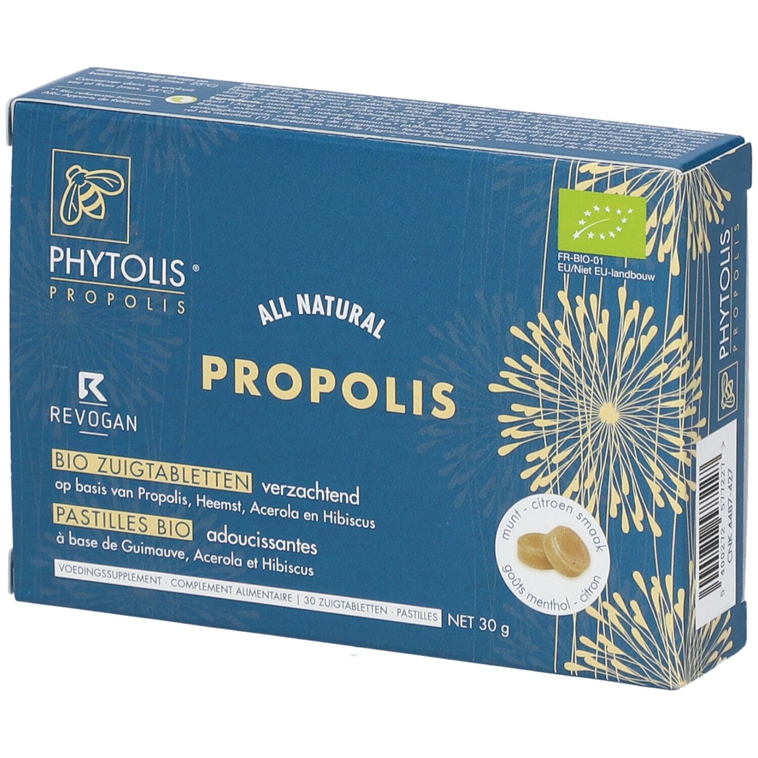 Boîte bleue "Phytolis Propolis". Contient des pastilles bio à sucer avec propolis, acérola et hibiscus. Logo bio de l'UE.