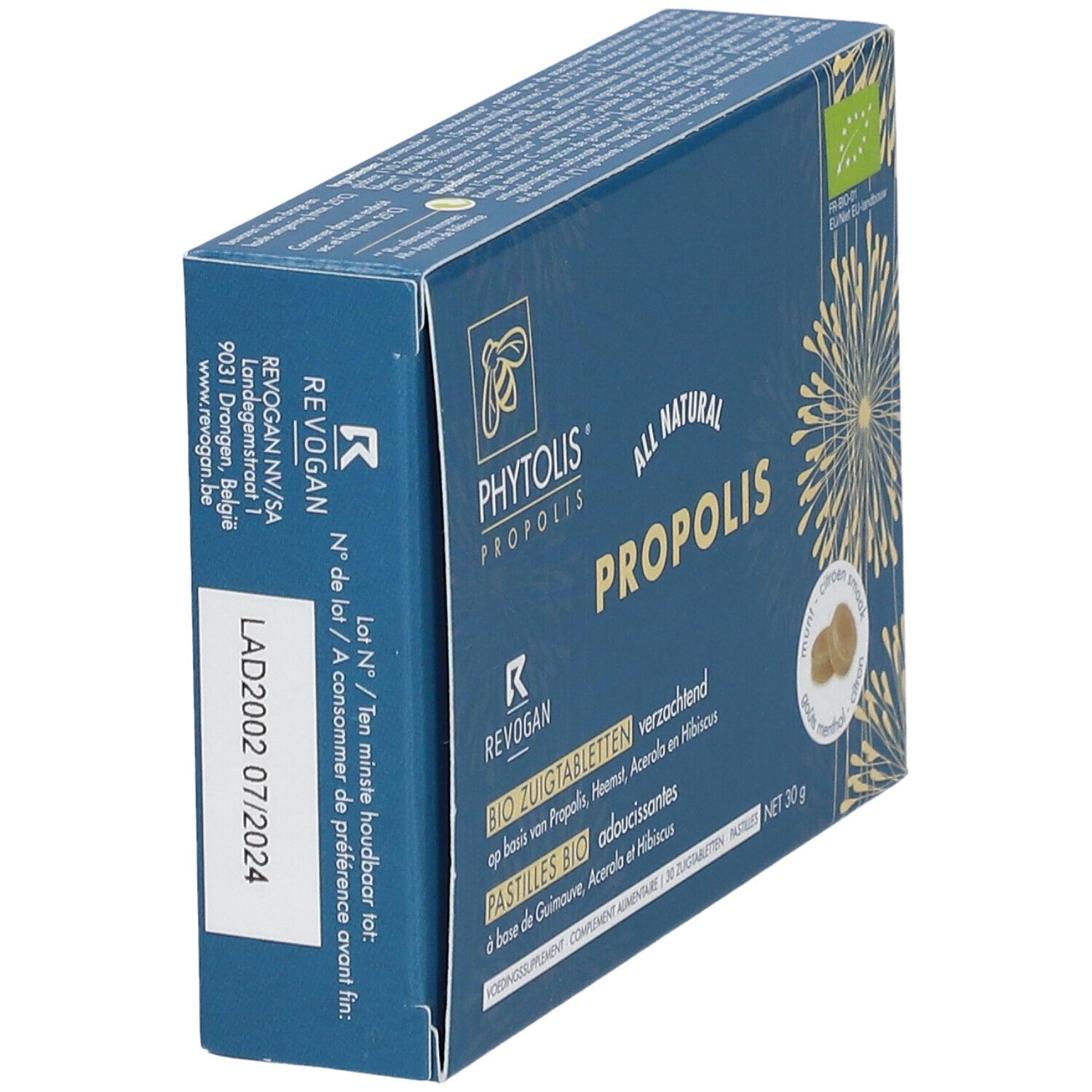 Boîte bleue "Phytolis Propolis". Contient des pastilles bio à sucer. Logo bio UE. Impression : A consommer de préférence avant 07/2024.