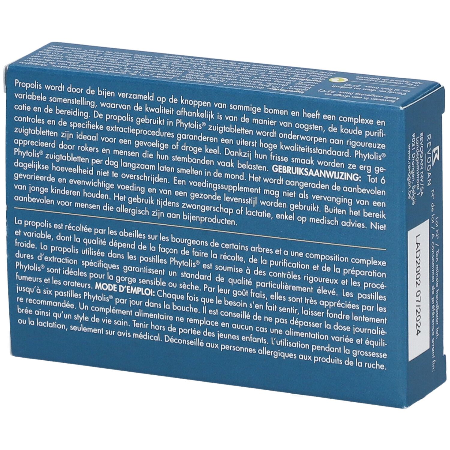 Dos de la boîte bleue avec texte. Contient des informations sur les pastilles à sucer "Phytolis Propolis". Logo bio UE.