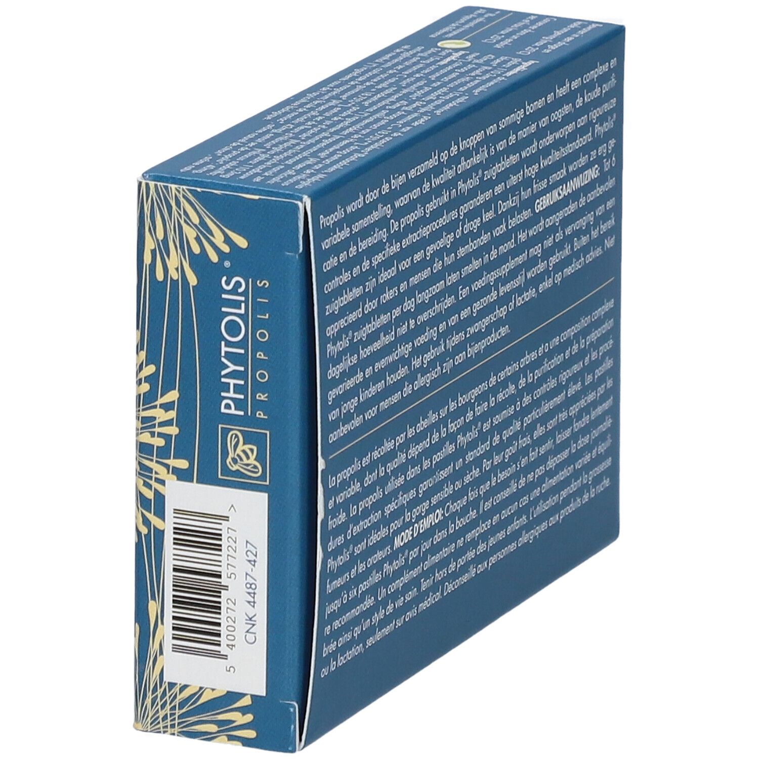 Boîte bleue "Phytolis Propolis". Contient des pastilles bio à sucer. Avec code-barres et logo bio UE.