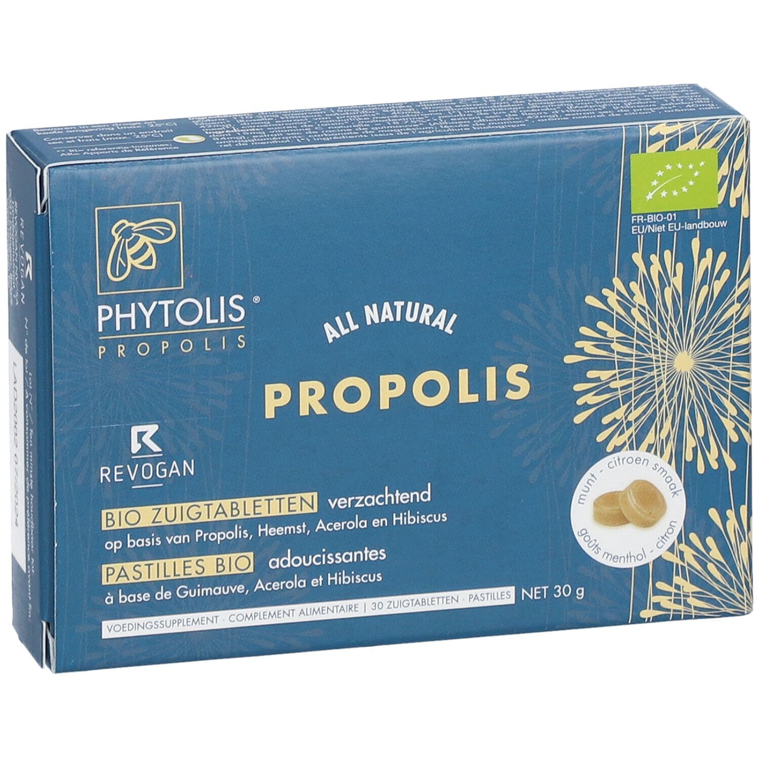 Boîte bleue "Phytolis Propolis". Contient des pastilles bio à sucer avec propolis, acérola et hibiscus. Logo bio de l'UE.