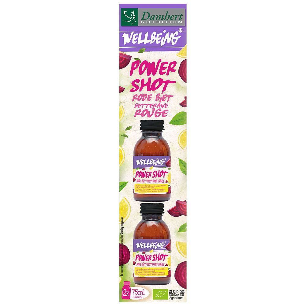Twee flesjes Damhert Wellbeing Power Shot Rode Biet. Bruine flesjes met gele etiketten. Duo-verpakking.