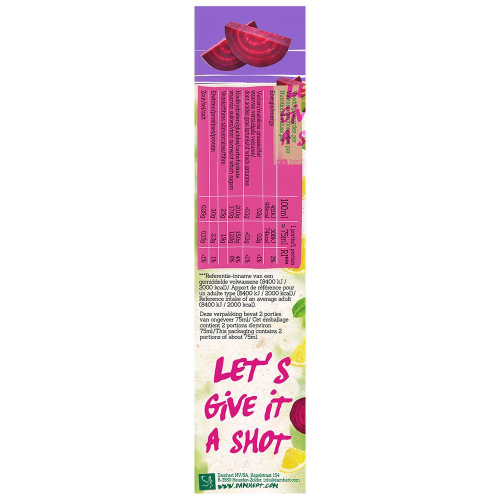 Verpakking Damhert Wellbeing Power Shot. Achterkant met voedingswaarde en tekst. Roze en wit.