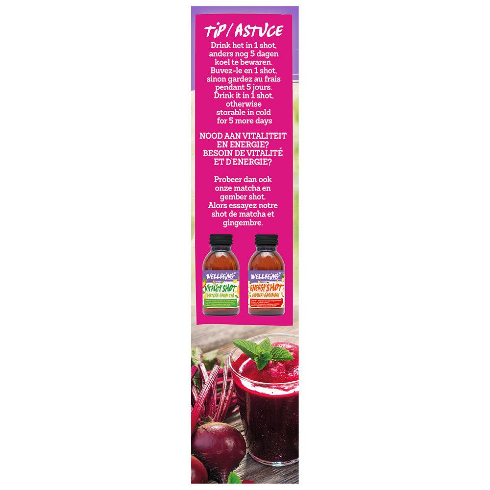 Verpakking Damhert Wellbeing Power Shot. Zijkant met tekst en illustraties. Roze, wit en groen.