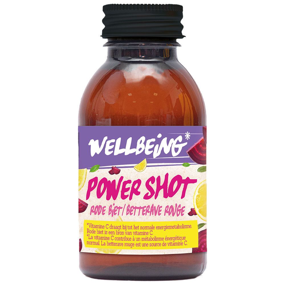 Bouteille en verre marron avec bouchon noir. Étiquette "WELLBEING POWER SHOT". Liquide rouge visible. Illustrations de betterave et de citron.