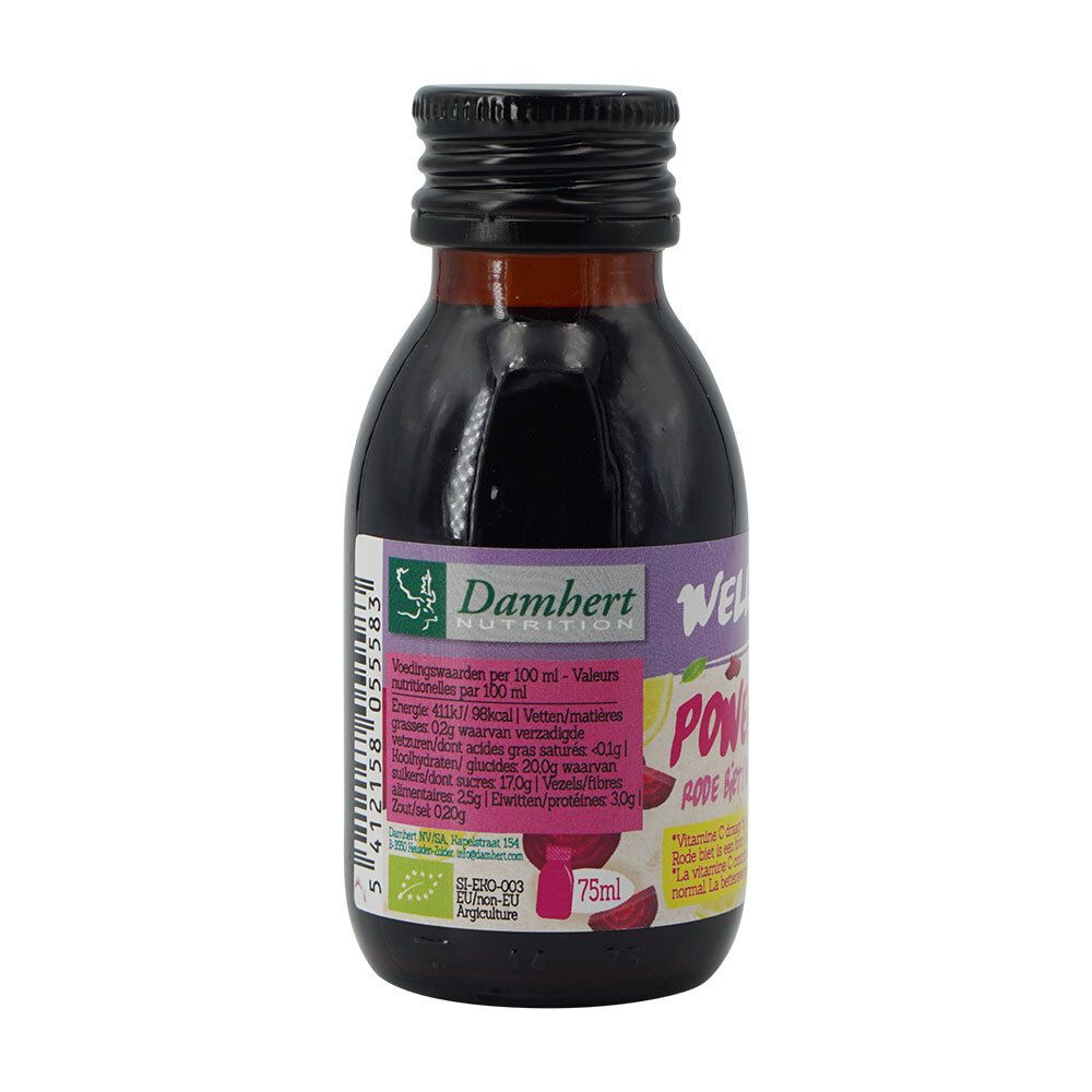 Bouteille en verre marron avec bouchon noir. Étiquette "Damhert Nutrition" et "WELLBEING POWER SHOT". Liquide rouge visible. Label bio.