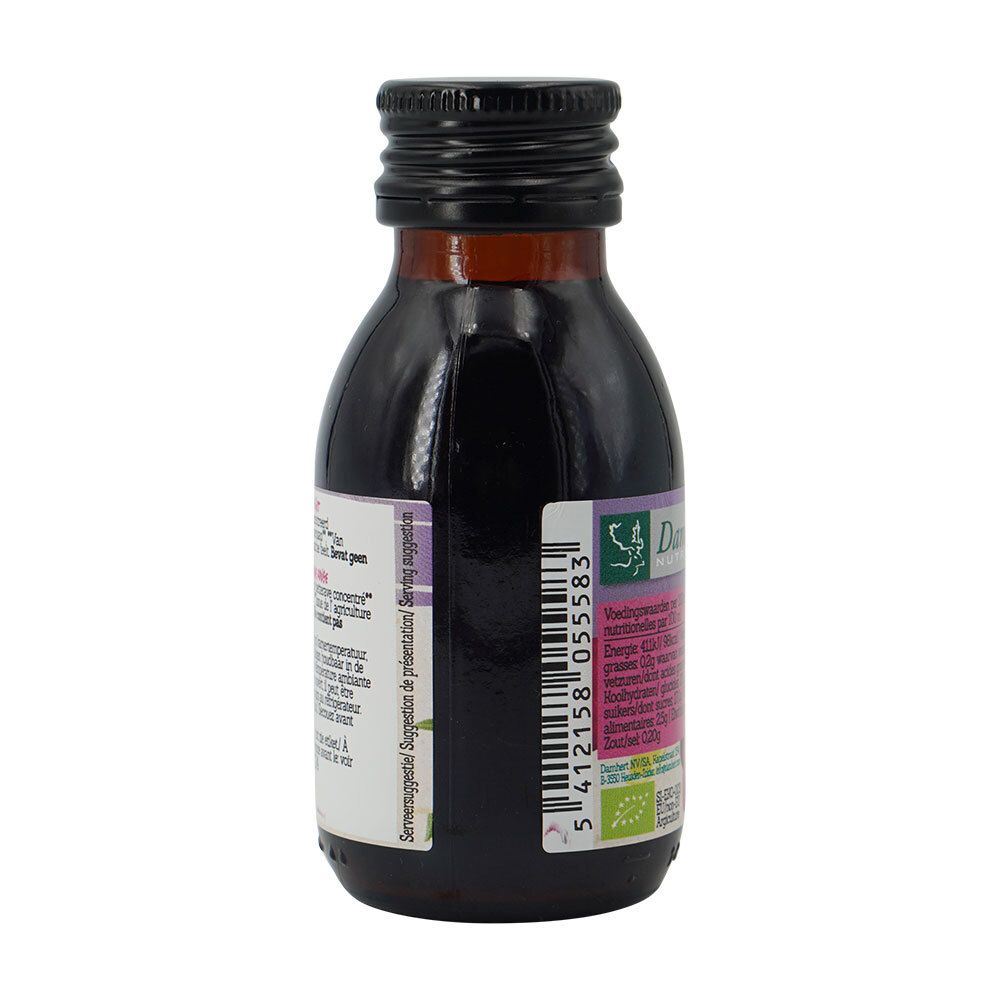 Bouteille en verre marron avec bouchon noir. Dos avec étiquette. Texte et logo "Damhert Nutrition". Label bio visible.