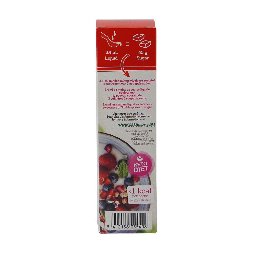 Achterkant verpakking. Vergelijking: 3,4 ml vloeistof = 45 g suiker. Keto Dieet logo.