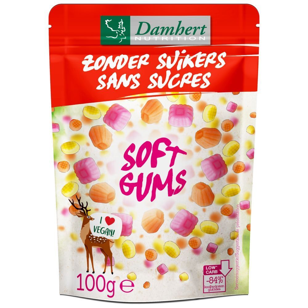 Verpackung mit Gummibärchen. "Zonder Suikers Sans Sucres" und "Soft Gums" sind auf der Verpackung zu sehen. "I Vegan!" und 100g.