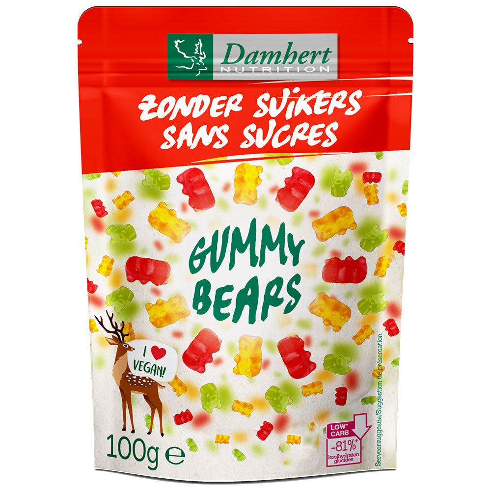 Verpakking met gummyberen. Opschrift: Zonder Suikers, Sans Sucres, Gummy Bears. Vegan logo. 100g.