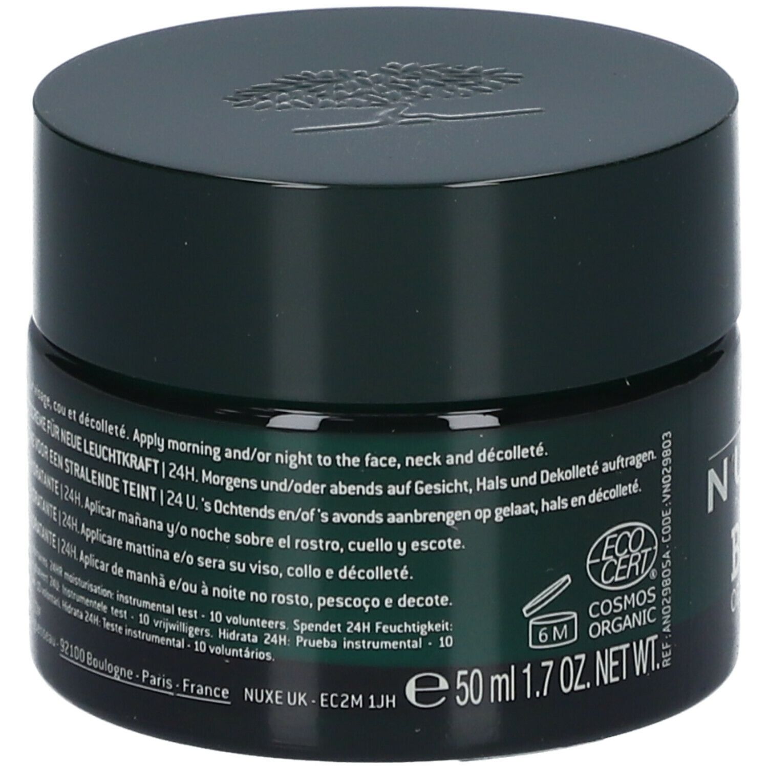 Donkergroene crème pot met deksel. Tekst: Nuxe Bio Organic, 50 ml, 1.7 oz. NET. Bevat ECOCERT COSMOS ORGANIC certificering.