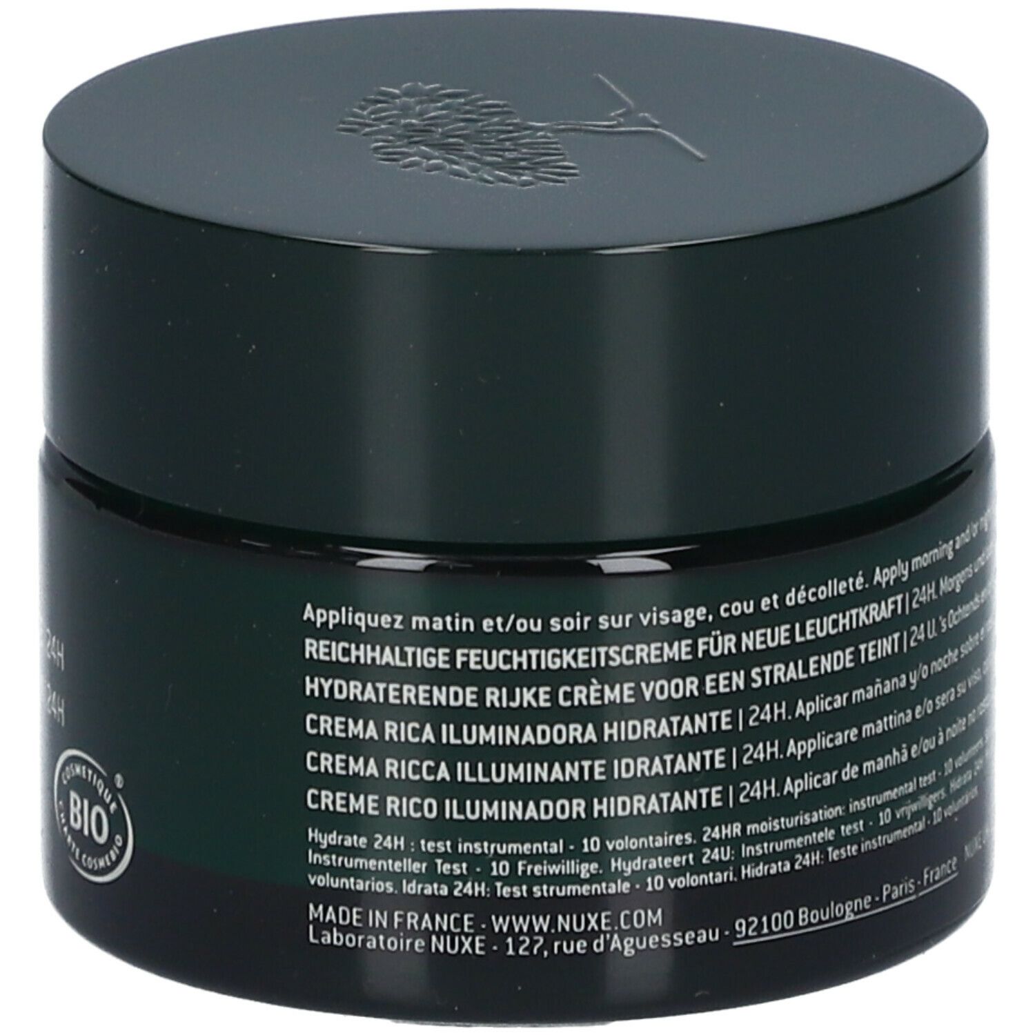 Donkergroene crème pot met deksel. Tekst: Nuxe Bio, Crème Riche Éclat Hydratante, 24H. Bevat Bio certificering.