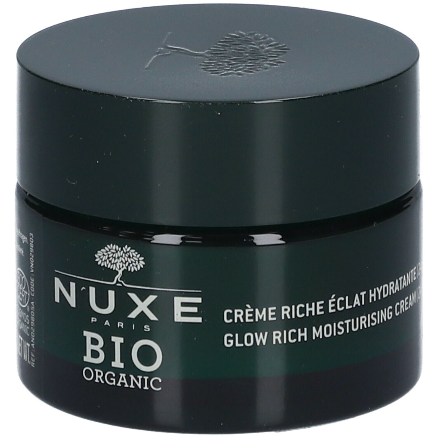 Donkergroene crème pot met deksel. Tekst: Nuxe Bio Organic, Crème Riche Éclat Hydratante, Glow Rich Moisturising Cream.