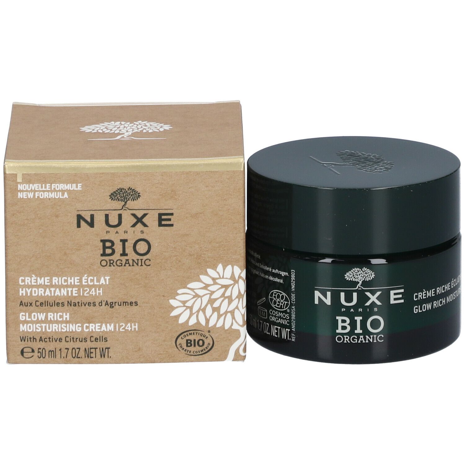 Crème pot en doos. Tekst: Nuxe Bio Organic, Crème Riche Éclat Hydratante, 50 ml, 1.7 oz. NET. Met Bio certificering.