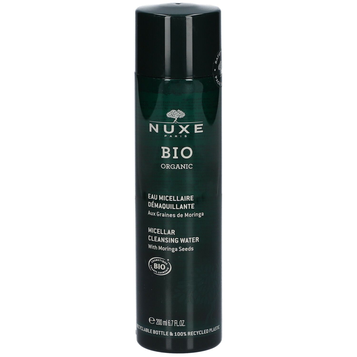Flacon vert Nuxe Bio Organic Eau Micellaire Démaquillante. Inscription : Micellar Cleansing Water, certification Bio.