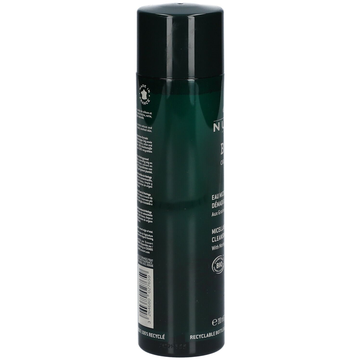 Dos du flacon vert Nuxe Bio Organic Eau Micellaire Démaquillante. Texte et code-barres. Flacon recyclable.
