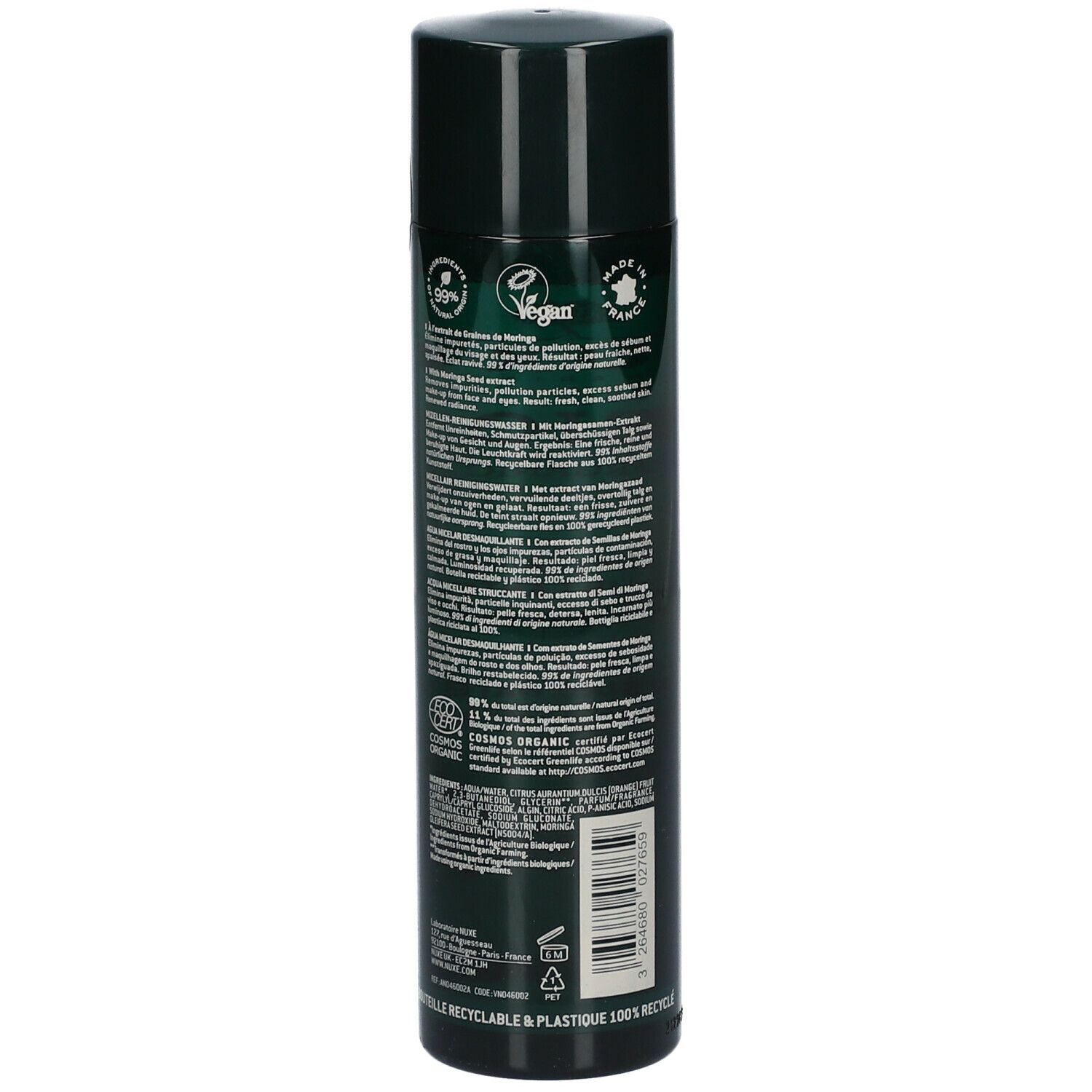 Dos du flacon vert Nuxe Bio Organic Eau Micellaire Démaquillante. Texte, logo Vegan, certification Cosmos Organic.