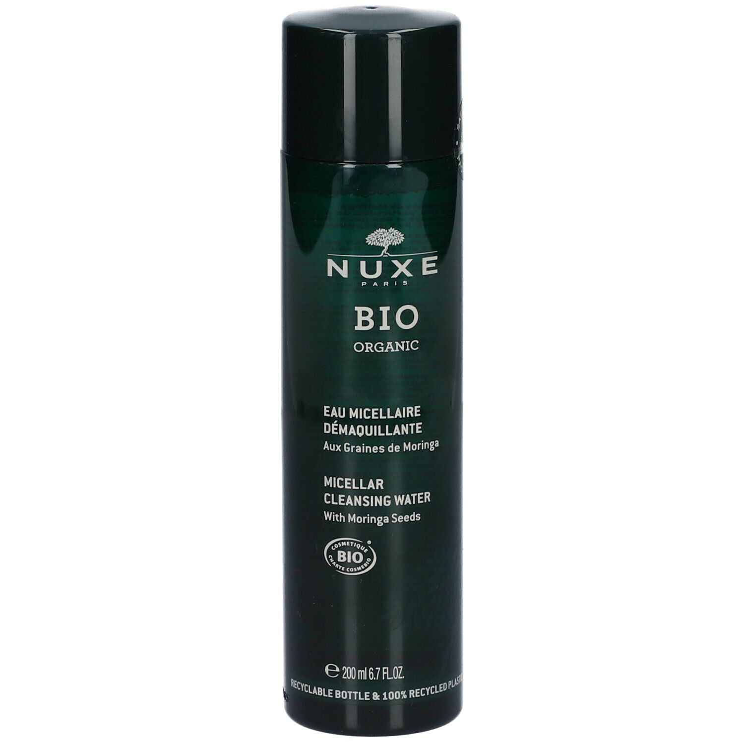Flacon vert Nuxe Bio Organic Eau Micellaire Démaquillante. Face avant avec texte et certification Bio.