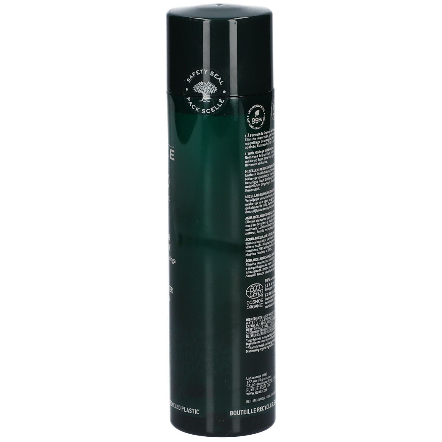 Flacon vert Nuxe Bio Organic Eau Micellaire Démaquillante. Texte, scellé de sécurité, certification Cosmos Organic.