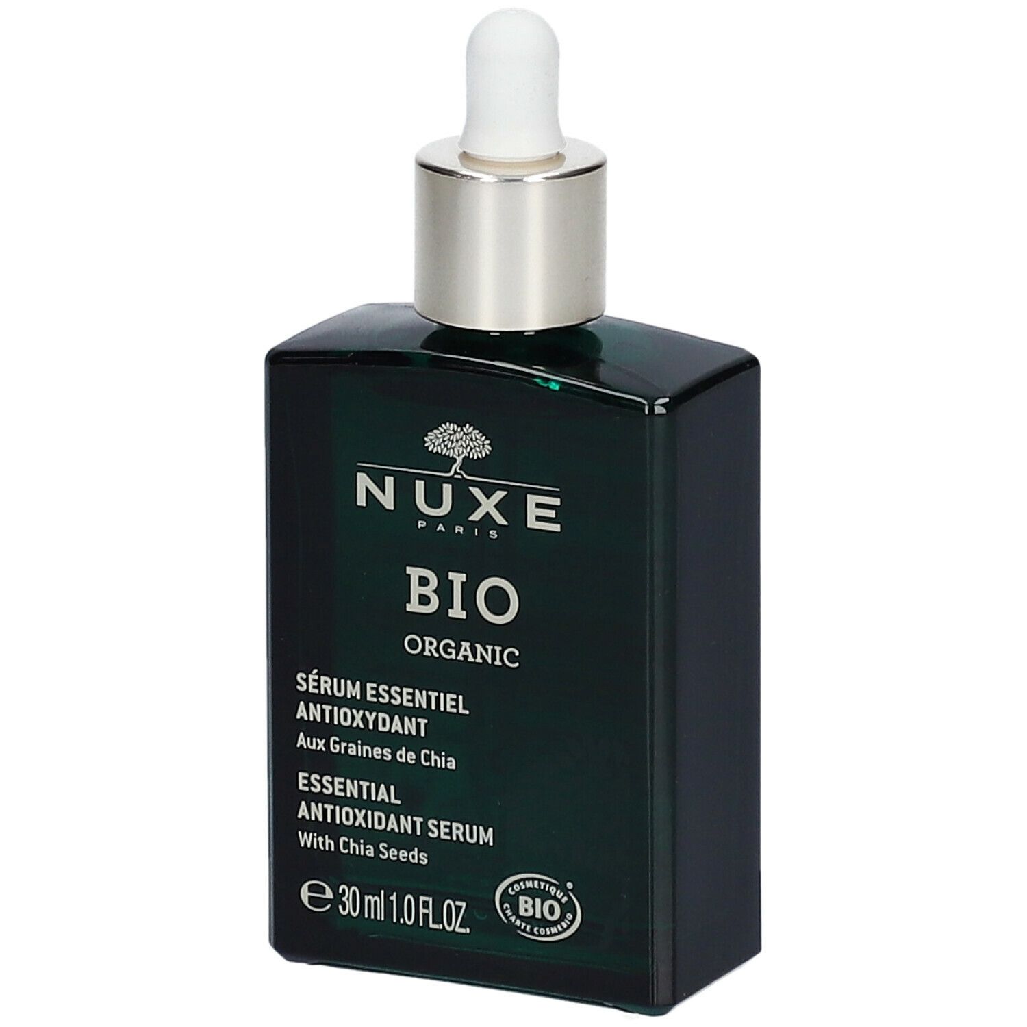 Flacon vert foncé avec bouchon argenté et pipette. Inscription : Nuxe Bio Organic Sérum Essentiel Antioxydant.