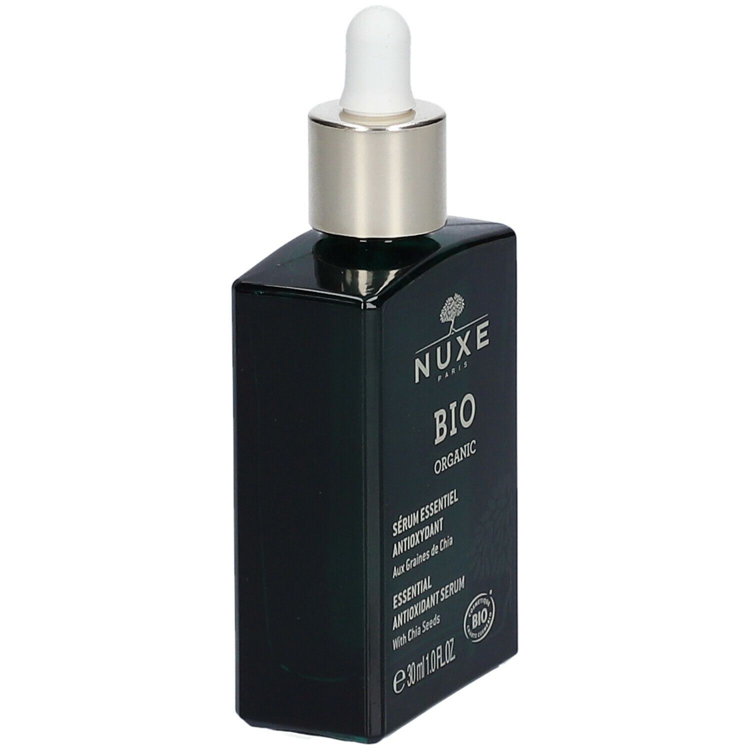 Flacon vert foncé avec bouchon argenté et pipette. Inscription : Nuxe Bio Organic Sérum Essentiel Antioxydant.