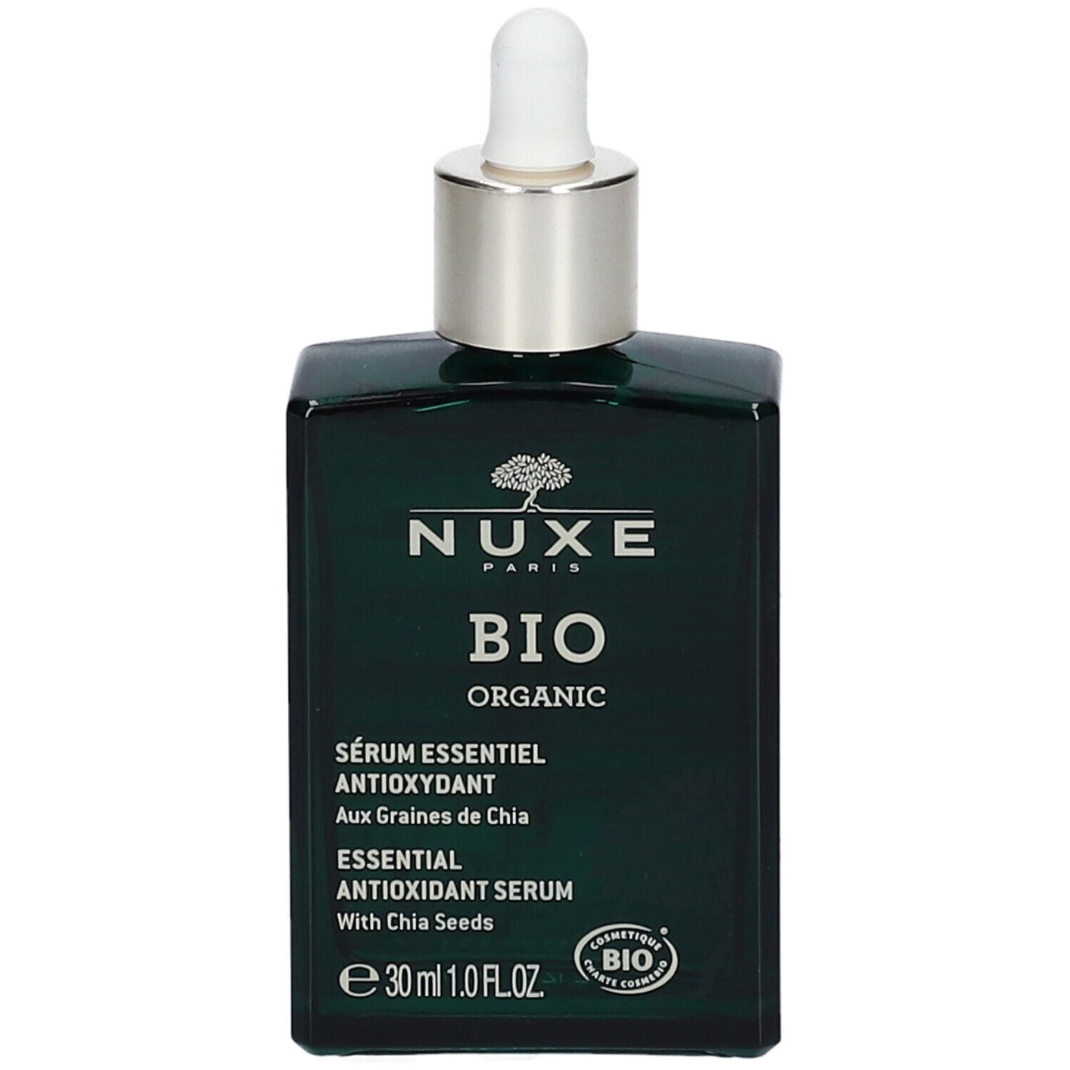 Flacon vert foncé avec bouchon argenté et pipette. Inscription : Nuxe Bio Organic Sérum Essentiel Antioxydant.