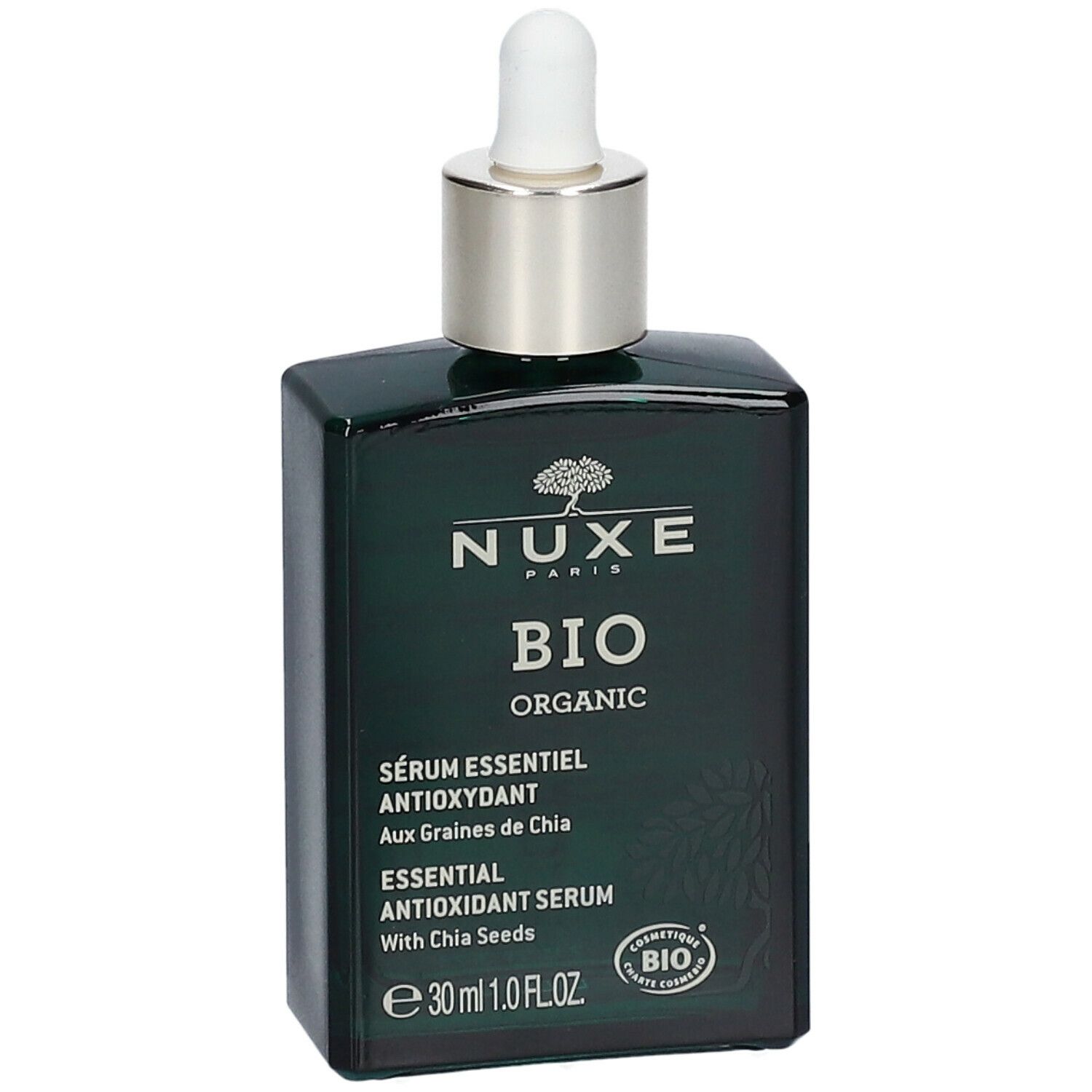 Flacon vert foncé avec bouchon argenté et pipette. Inscription : Nuxe Bio Organic Sérum Essentiel Antioxydant.