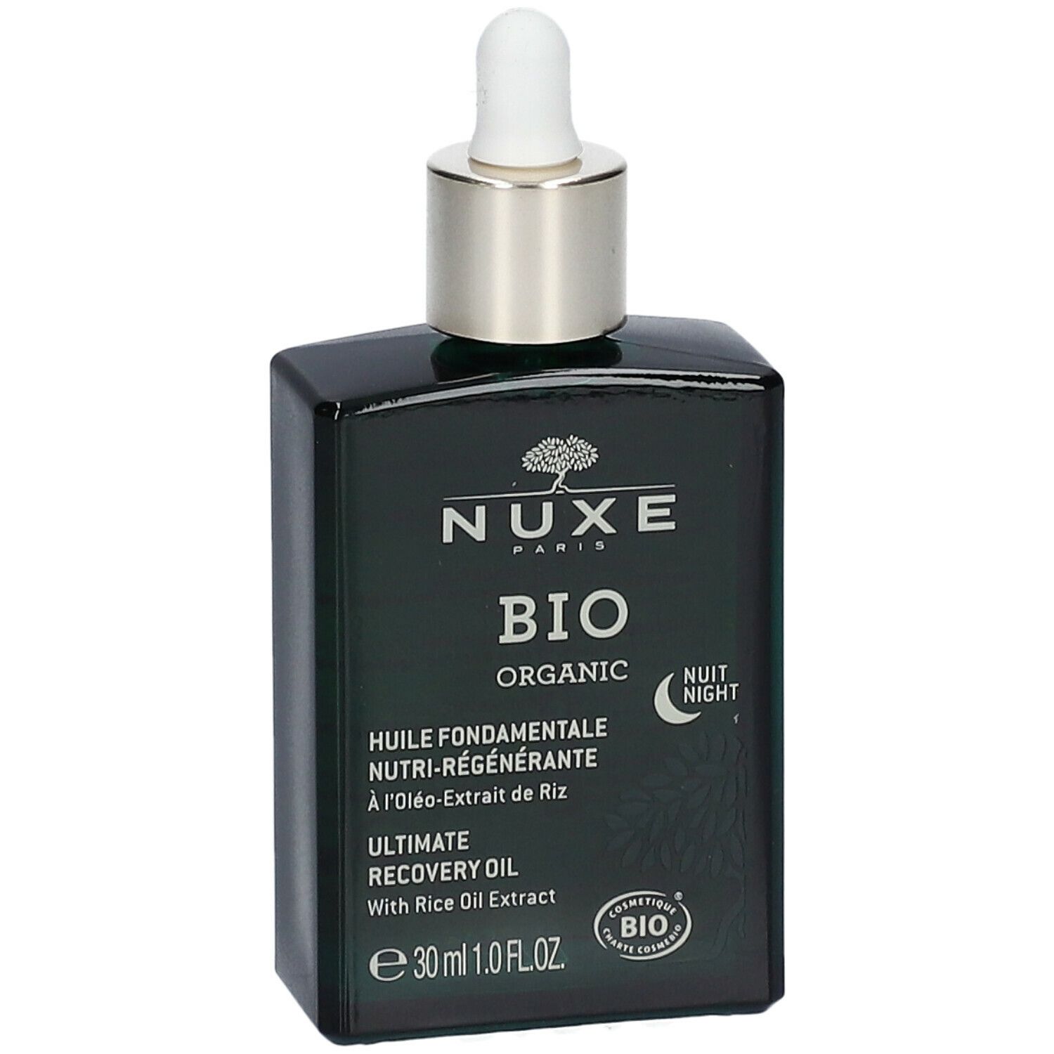 Flacon vert foncé avec pipette. Inscription : Nuxe Bio Organic, Huile Fondamentale Nutri-Régénérante Nuit.