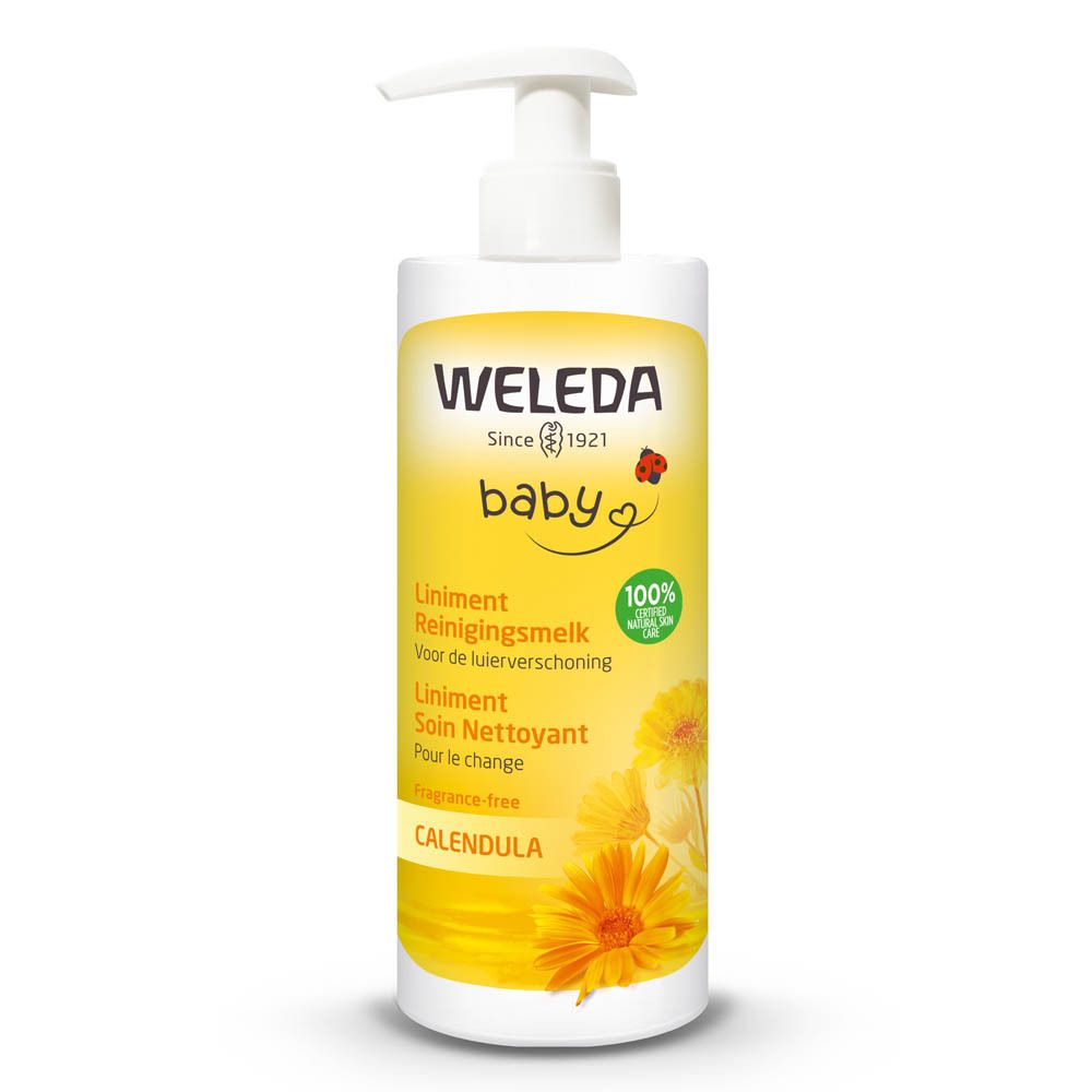 Flacon de liniment Weleda Baby avec pompe. Étiquette jaune et blanche. Informations produit et logo.