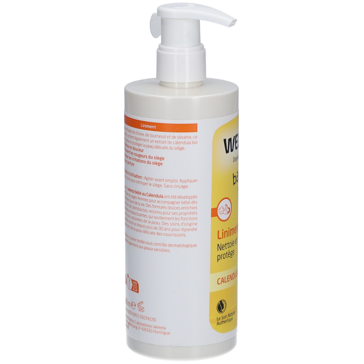 Dos du flacon Weleda Baby. Texte avec informations produit et ingrédients.
