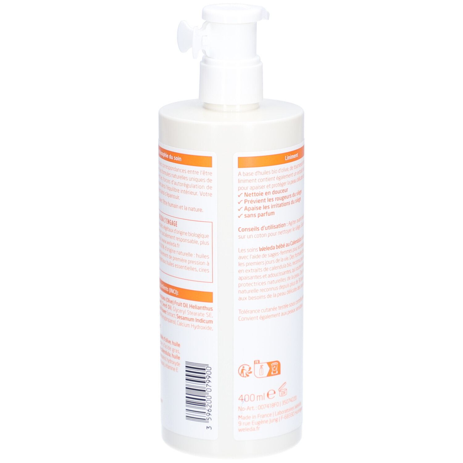 Dos du flacon Weleda Baby. Texte avec informations produit et ingrédients.